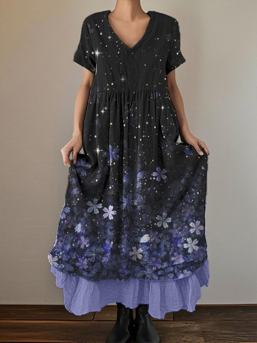 Women's Floral Art Print Short Sleeve Double Layer Cotton and Linen Dress