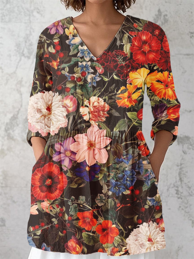 Women's Vintage Floral Print V-Neck 3/4 Sleeve Cotton and Linen Shirt
