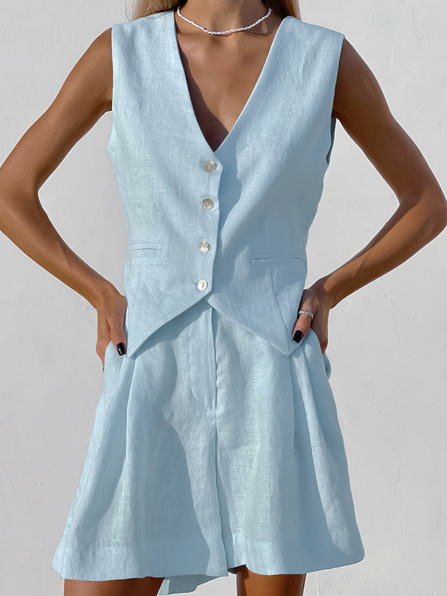 Women's Summer Cotton And Linen Vest Casual Shorts Two-Piece Suit
