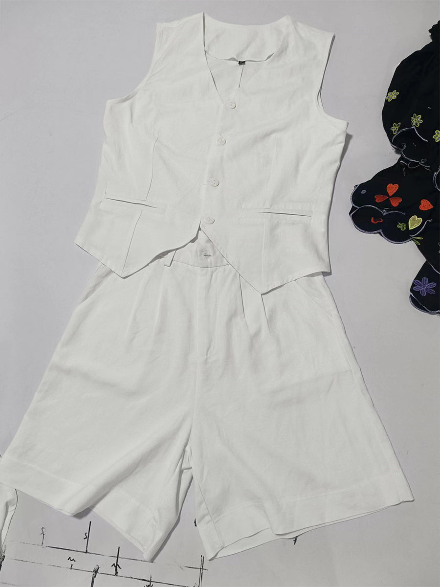 Women's Summer Cotton And Linen Vest Casual Shorts Two-Piece Suit