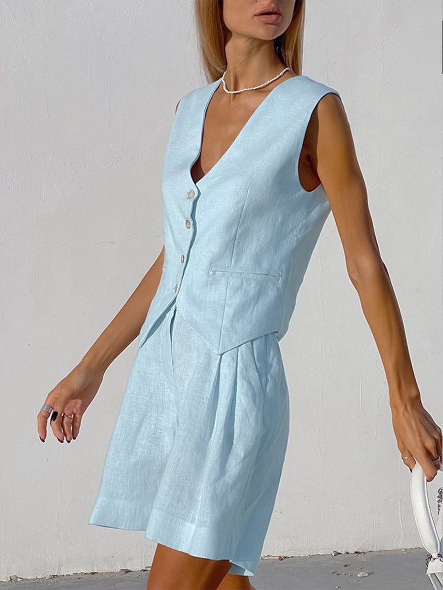 Women's Summer Cotton And Linen Vest Casual Shorts Two-Piece Suit
