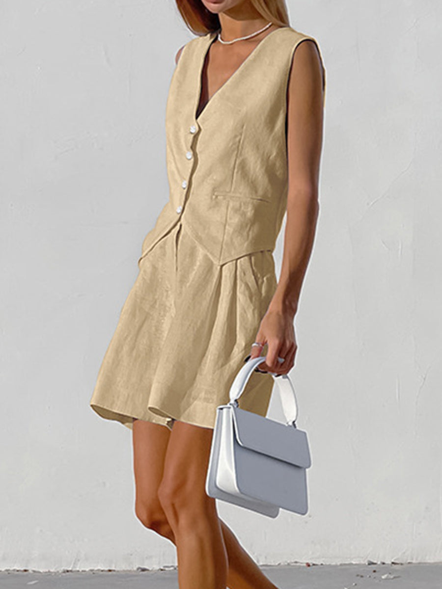 Women's Summer Cotton And Linen Vest Casual Shorts Two-Piece Suit