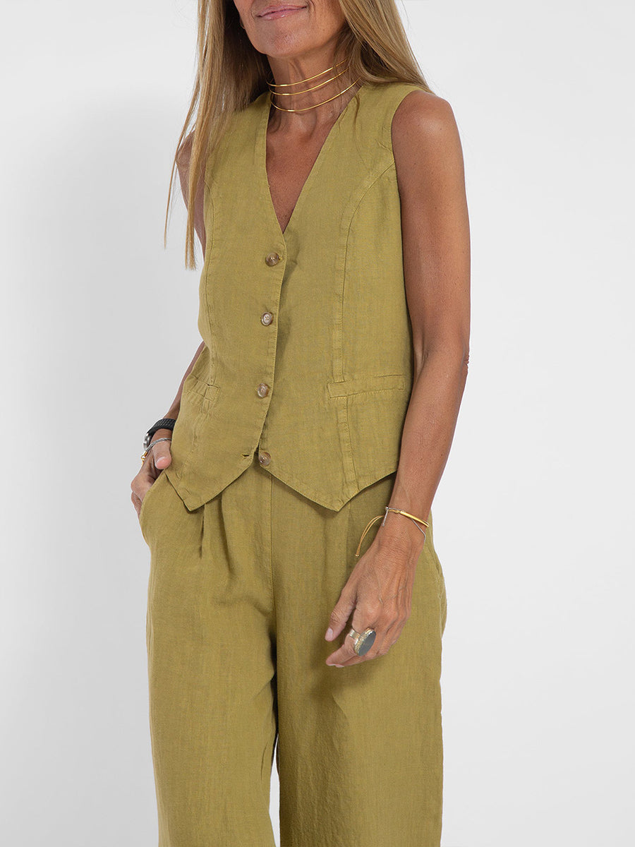Women's Fashion Vest Trousers Spliced Cotton and Linen Casual Suit