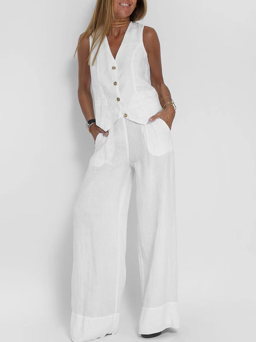 Women's Fashion Vest Trousers Spliced Cotton and Linen Casual Suit