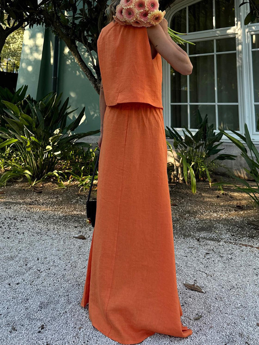Women's Summer Cotton And Linen Vest Skirt Suit