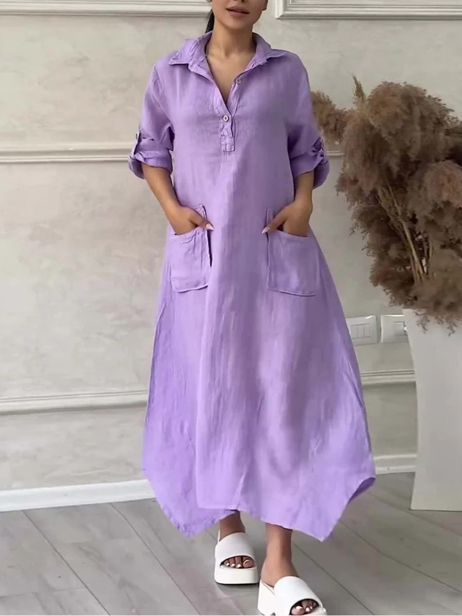 Women's Solid Color Irregular Long Cotton Linen Lapel Pocket Dress