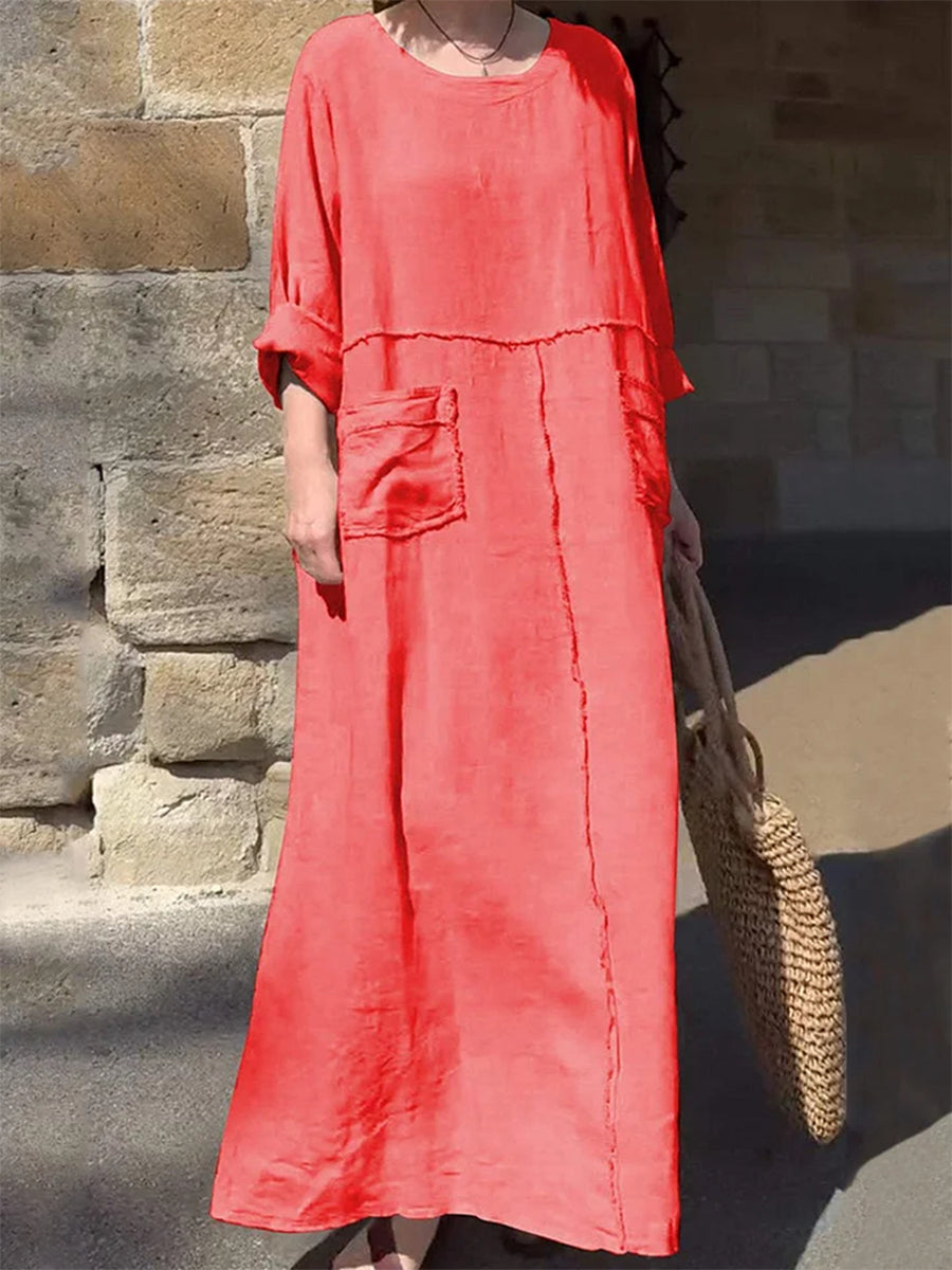 Women's Solid Color Round Neck Cotton Linen Long Sleeve Casual Pleated Double Side Pocket Dresses