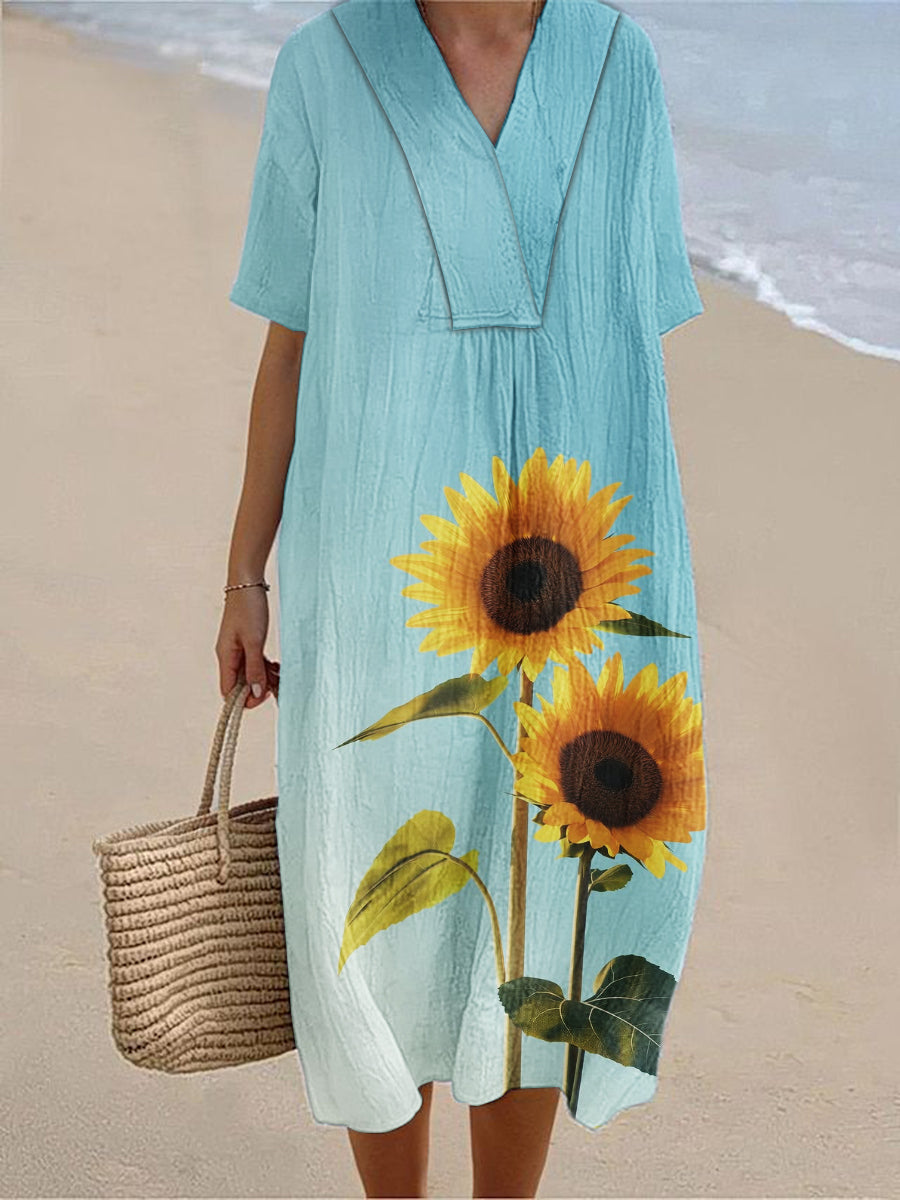 Women's Seaside Holiday Style Floral Print Short Sleeve Cotton and Linen Dress