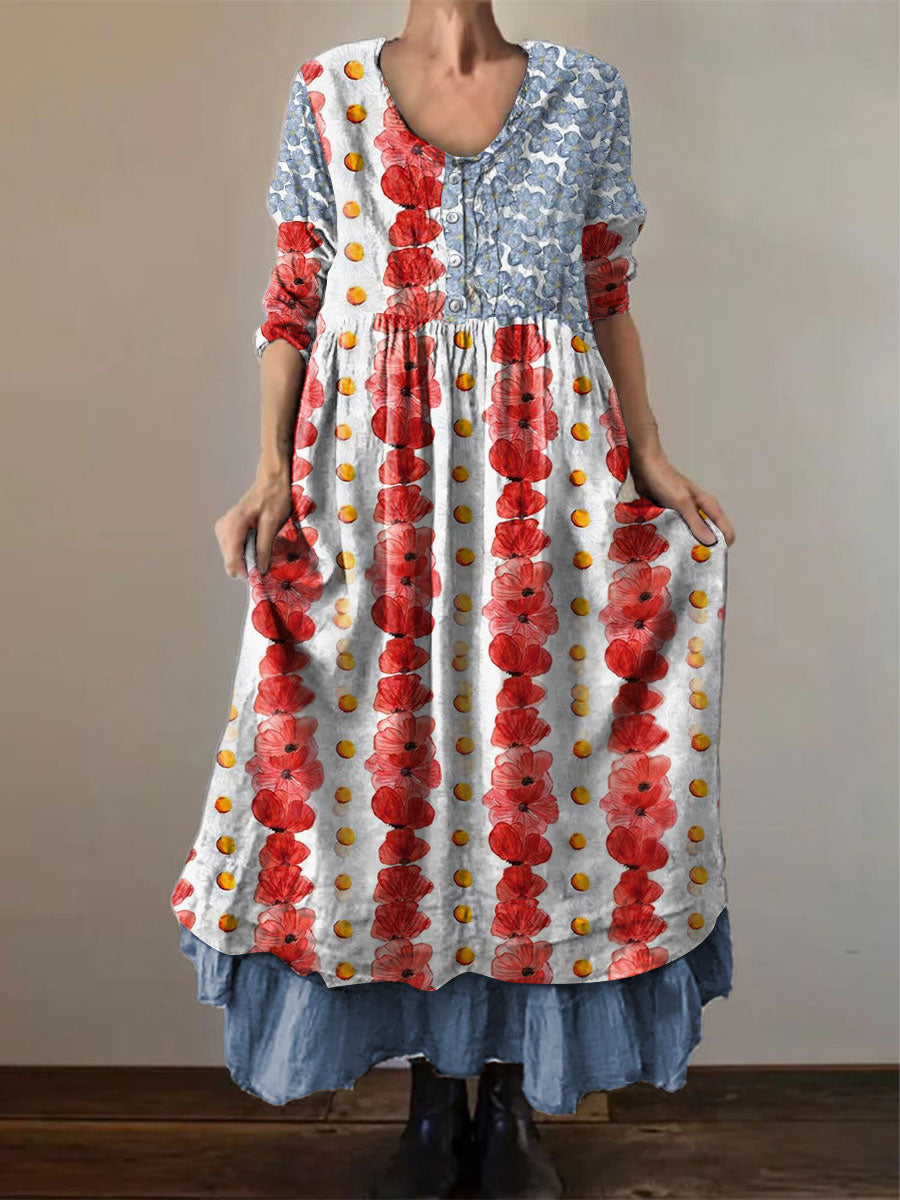 Women's Memorial Day Poppy Flag Veteran Printed Dress