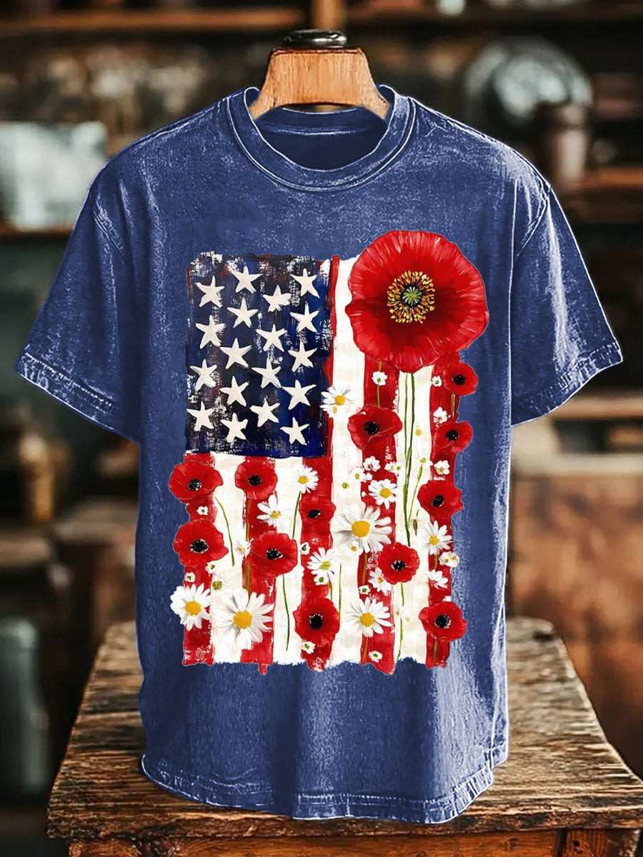 Unisex Memorial Day Poppy Flag Veteran Printed T-shirt