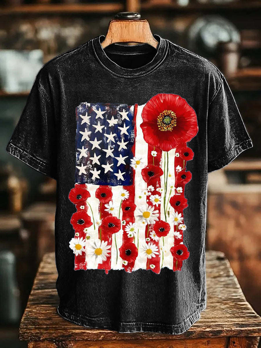 Unisex Memorial Day Poppy Flag Veteran Printed T-shirt