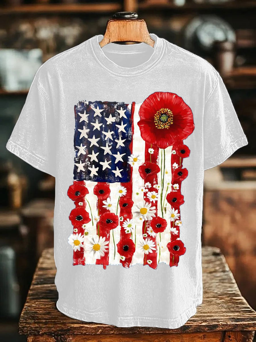 Unisex Memorial Day Poppy Flag Veteran Printed T-shirt