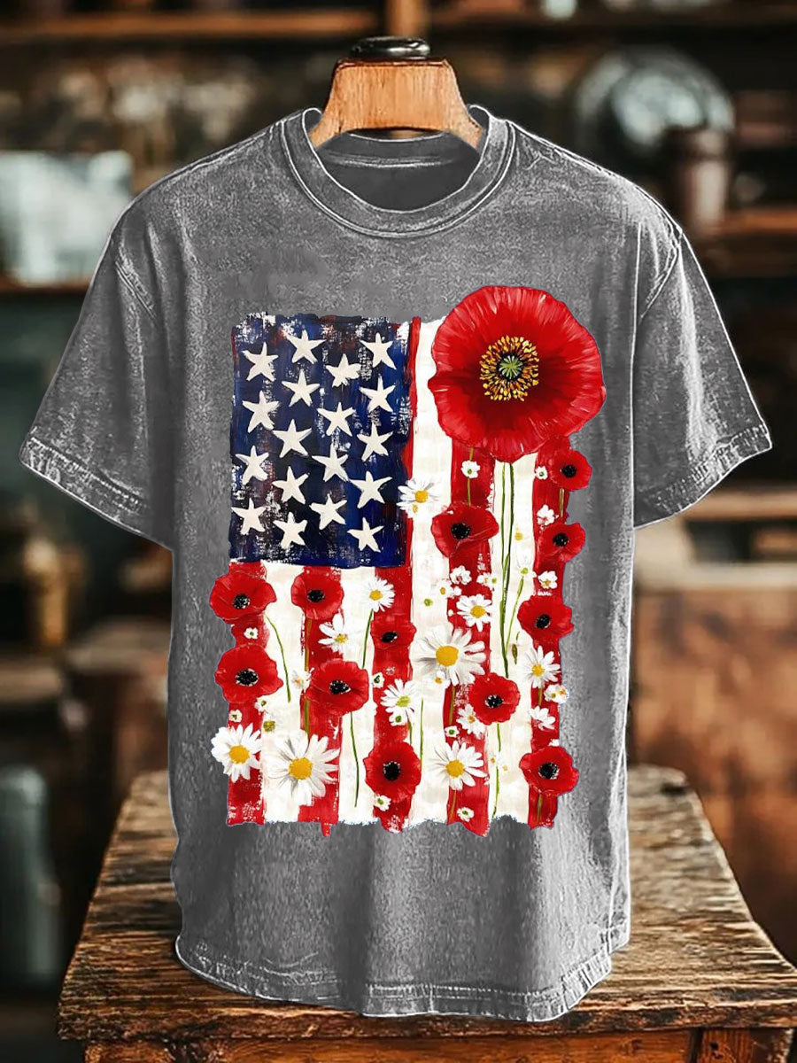 Unisex Memorial Day Poppy Flag Veteran Printed T-shirt