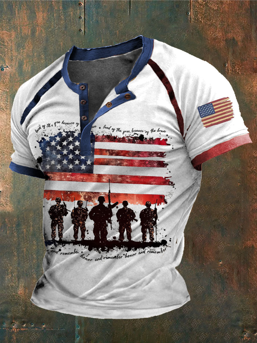 Men's Memorial Day Remeber&Honor Flag Printed Henry Collar Shirt
