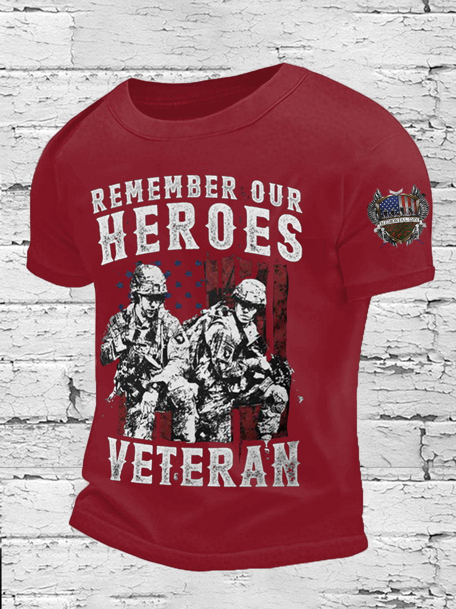 Men's Memorial Day Veteran Remember Our Heros Printed T-shirt