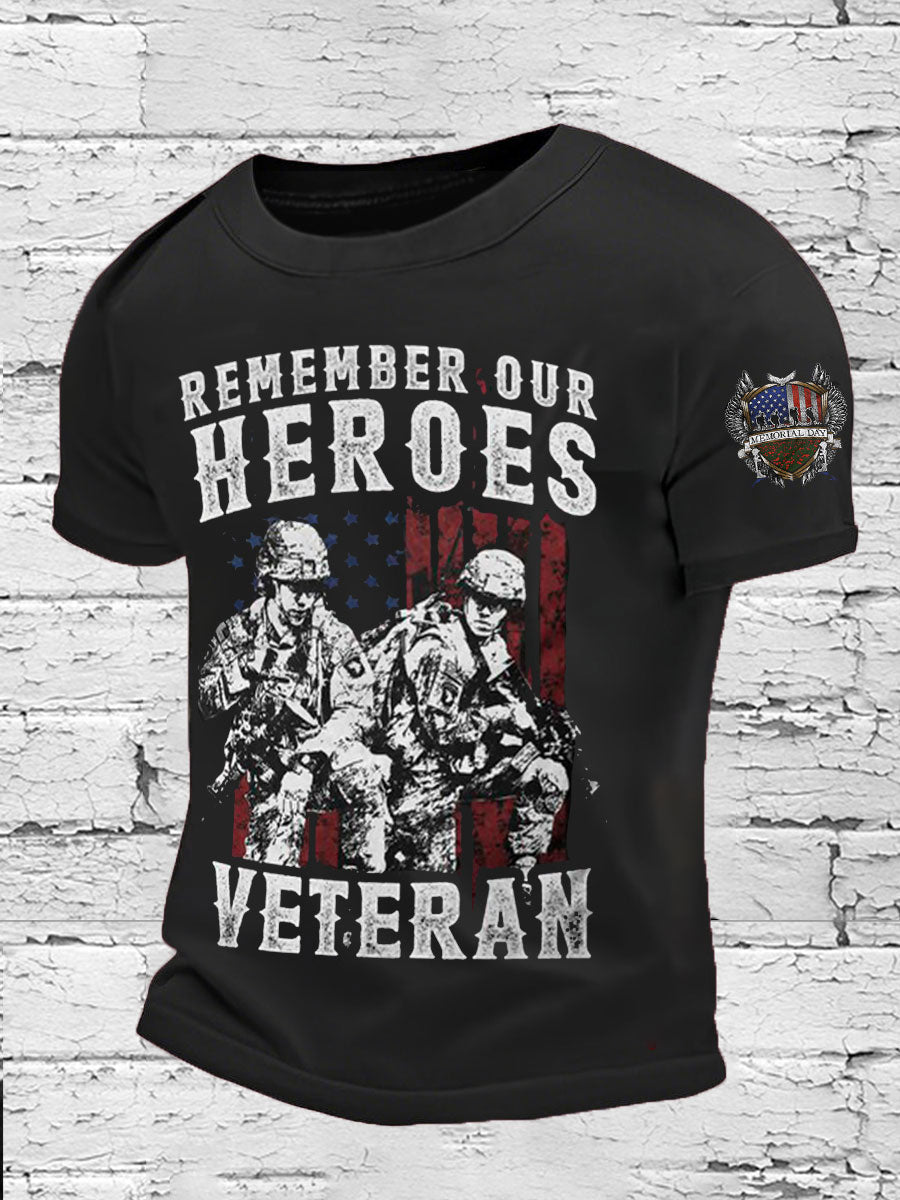 Men's Memorial Day Veteran Remember Our Heros Printed T-shirt