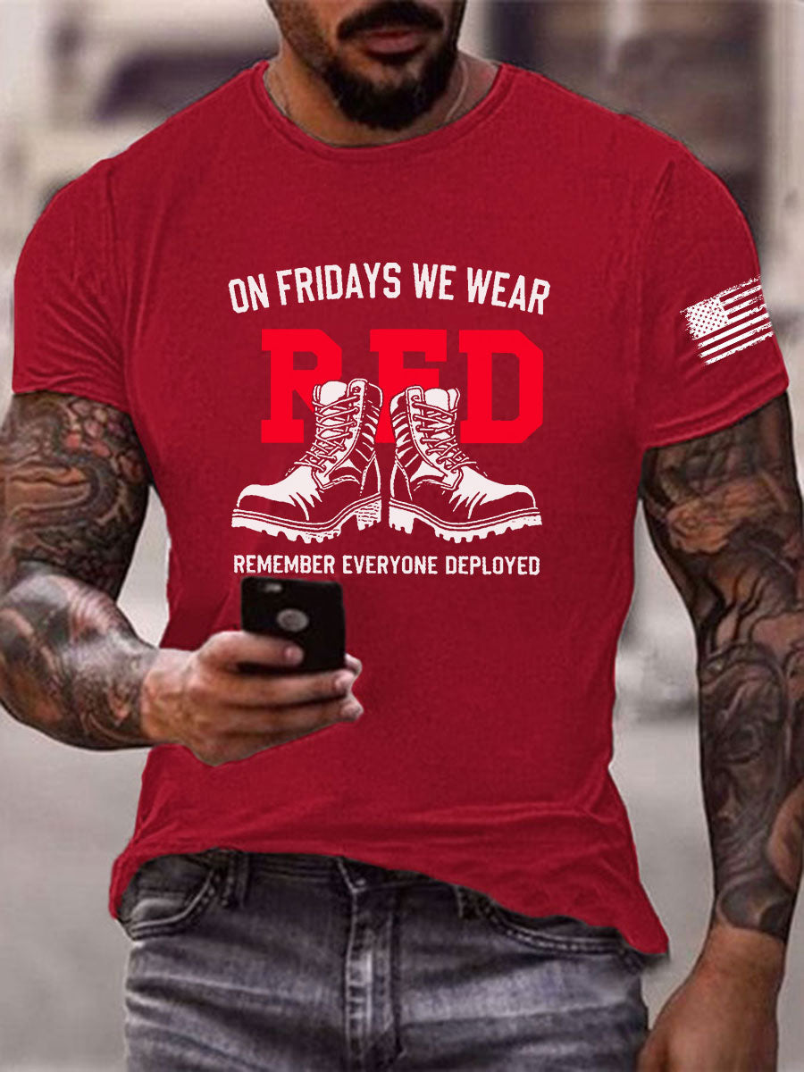 Men's On Fridays We Wear Red Remember Everyone Deployed T-shirt