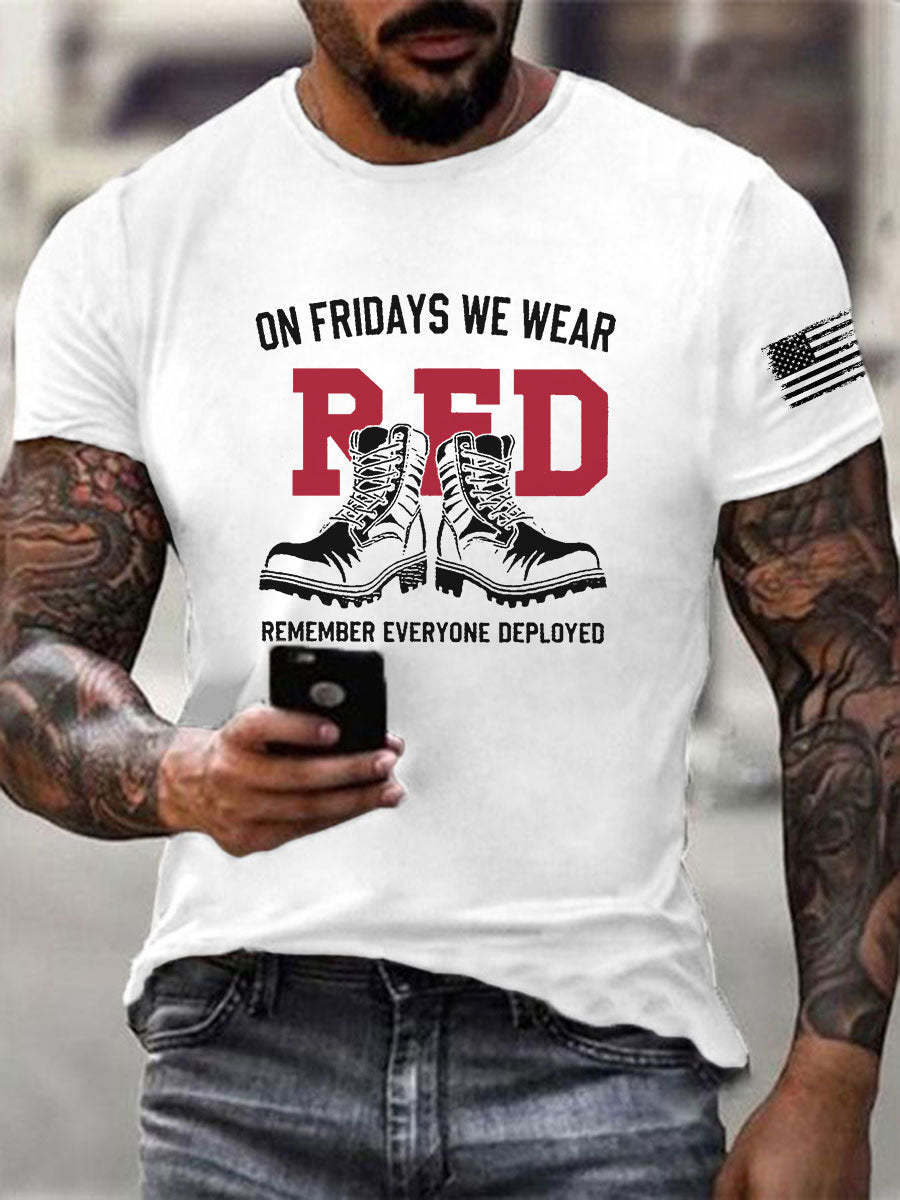 Men's On Fridays We Wear Red Remember Everyone Deployed T-shirt
