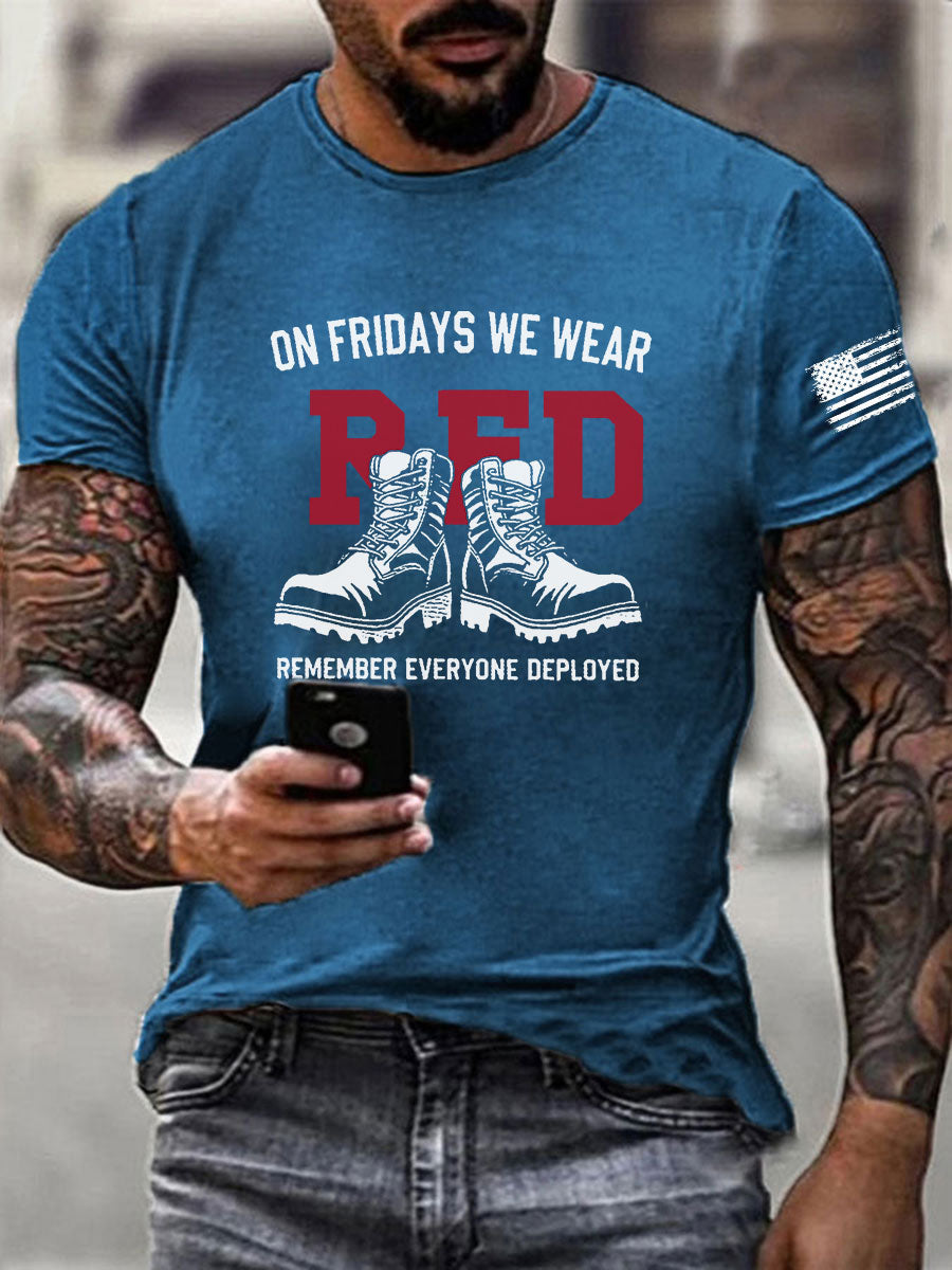 Men's On Fridays We Wear Red Remember Everyone Deployed T-shirt