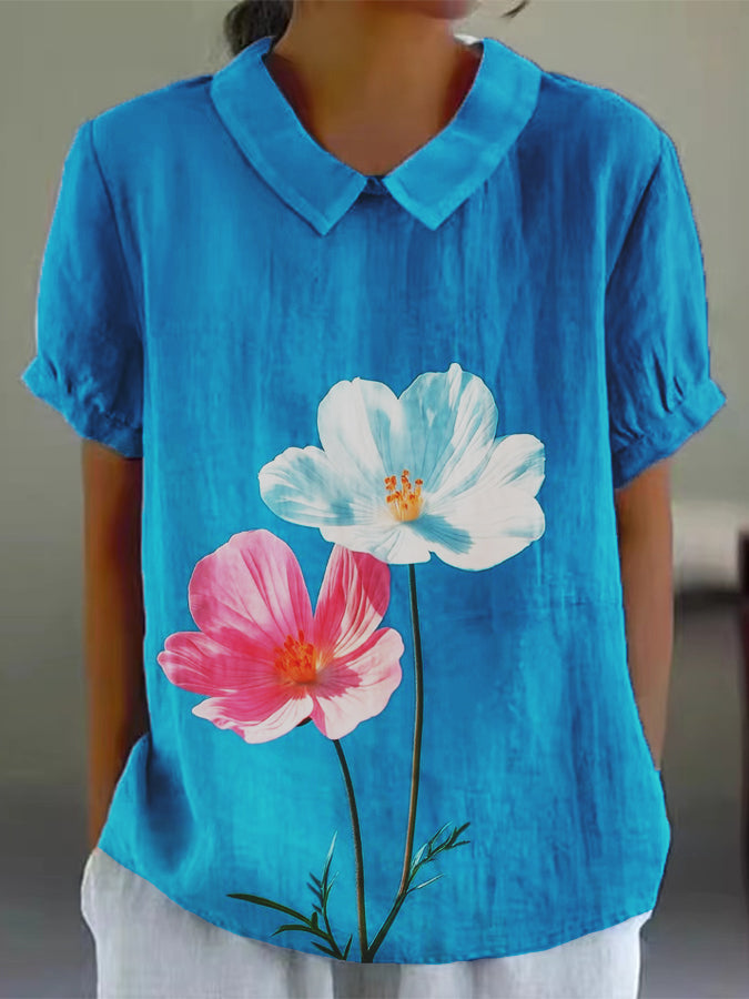 Women's Colorful Watercolor Floral Print Cotton and Linen Short Sleeve Shirt