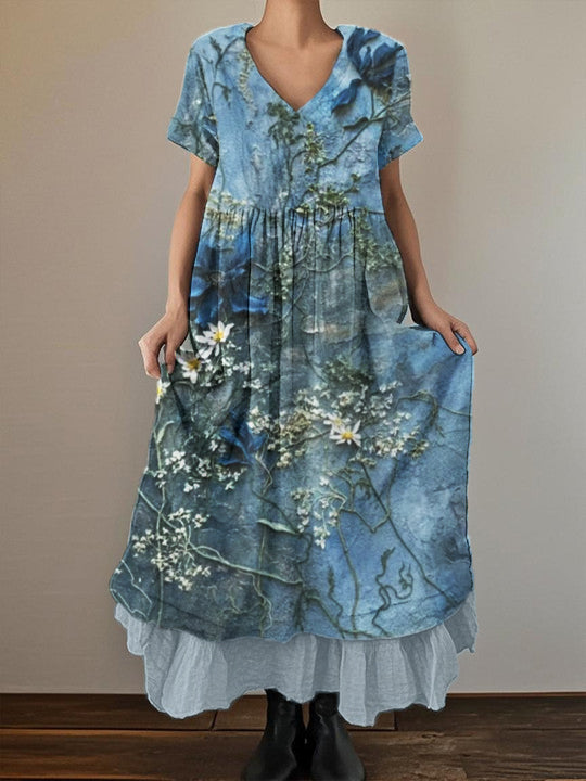 Women's Vintage Floral Printed Cotton and Linen Double Layer Dress