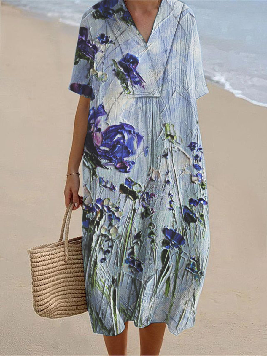 Women's Seaside Holiday Style Floral Print Short Sleeve Cotton and Linen Dress