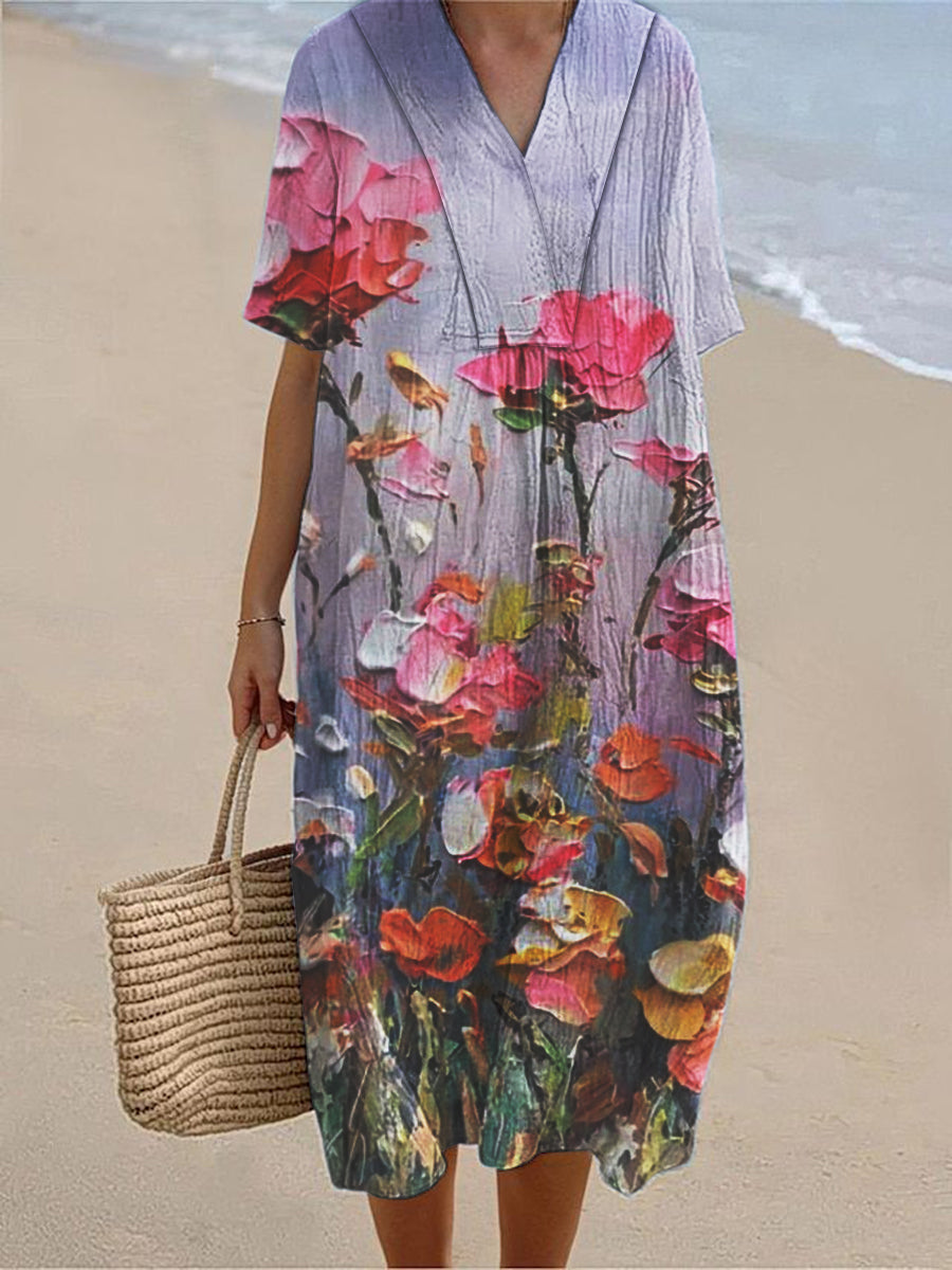 Women's Seaside Holiday Style Floral Print Short Sleeve Cotton and Linen Dress