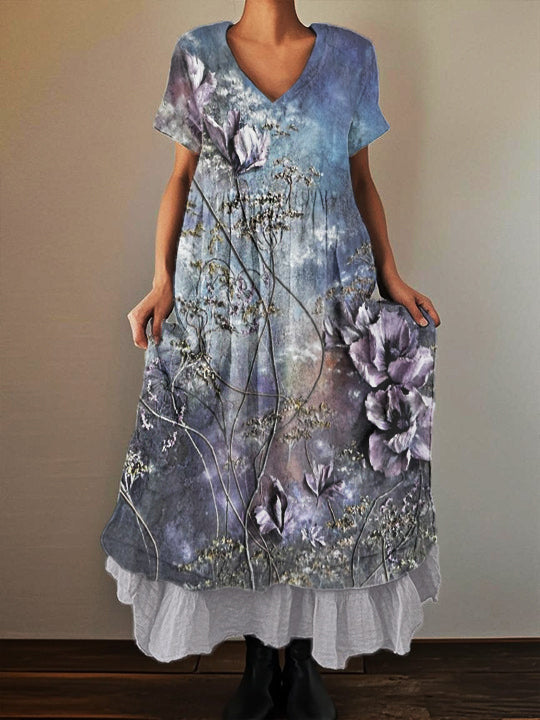 Women's Vintage Floral Printed Cotton and Linen Double Layer Dress