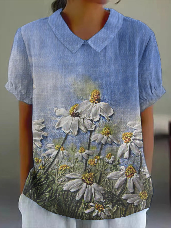 Women's Colorful Watercolor Floral Print Cotton and Linen Short Sleeve Shirt