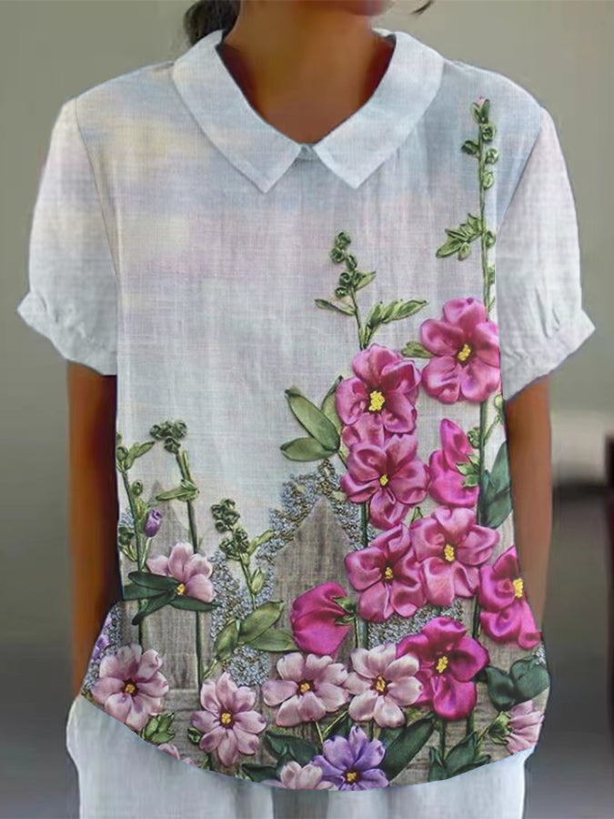 Women's Colorful Watercolor Floral Print Cotton and Linen Short Sleeve Shirt