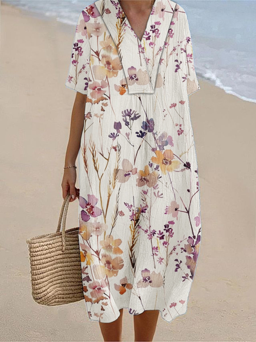 Women's Seaside Holiday Style Floral Print Short Sleeve Cotton and Linen Dress