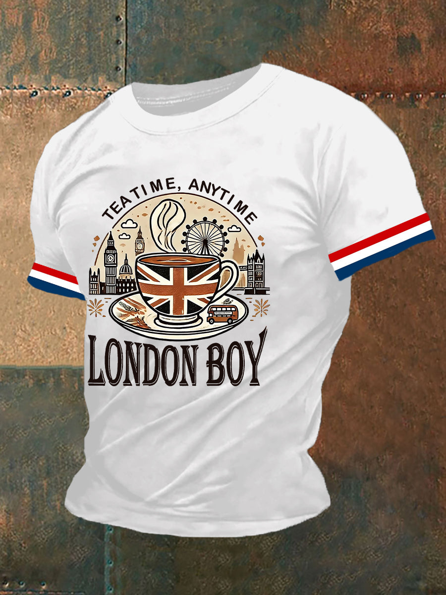 Men's LONDON BOY TEA TIME England Flag Printed Short Sleeve T-shirt