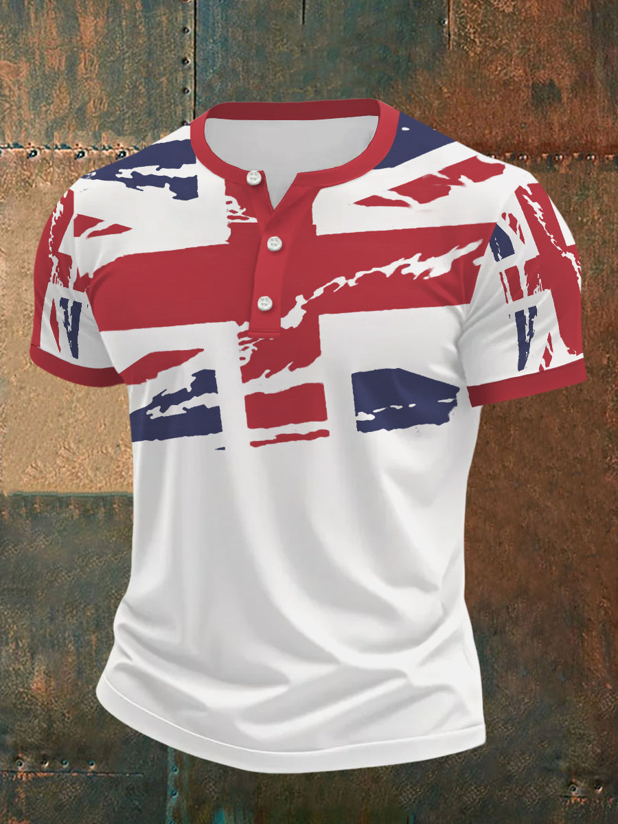 Men's UK Flag Print Casual Henley Neck Tee