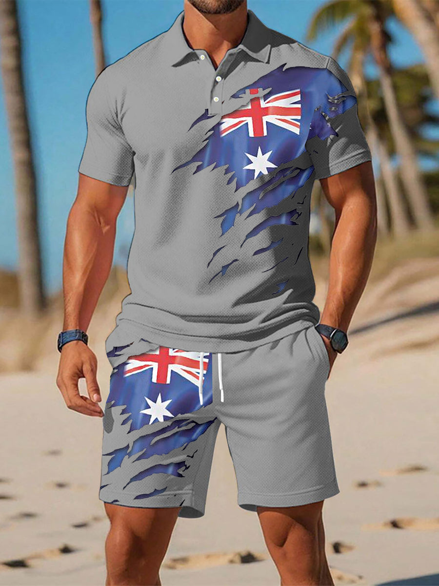 Men's UK Flag Print Casual Polo Two-Piece Sets