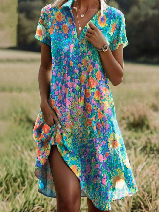 Women's Short Sleeve Printed Casual V-Neck Dresses