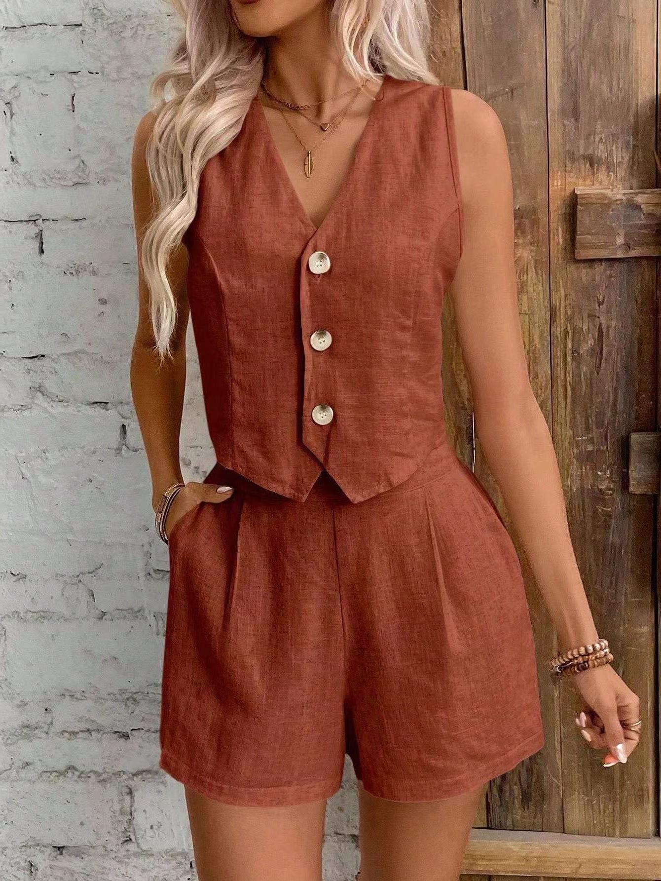 Women's Cotton and Linen V-neck Sleeveless Vest Shorts Set