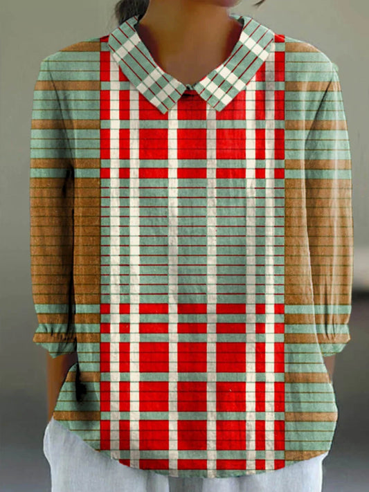 Women's Abstract Geometric Pattern Art Print Casual Cotton And Linen 3/4 Sleeve Shirt