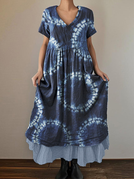 Women's Retro Deep Blue Tie-Dye Printed Cotton and Linen Double-Layer Short-Sleeved Dress