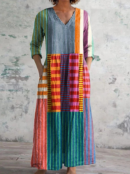 Women's Abstract Geometric Pattern Art Print Cotton Linen Pocket Tunic Dress