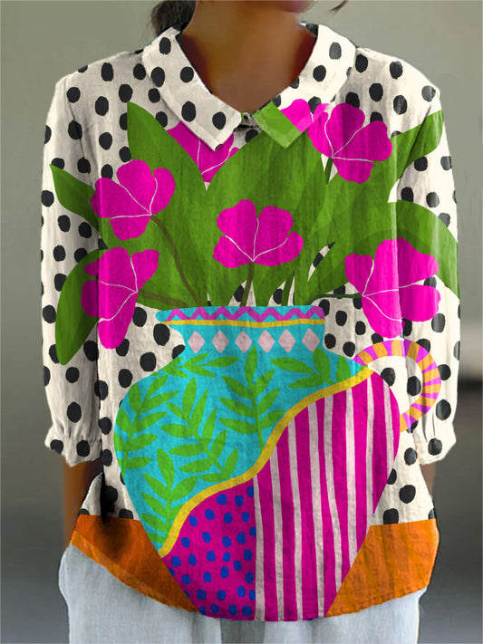 Women's Abstract Polka Dots Cute Flower Art Print Casual Cotton And Linen 3/4 Sleeve Shirt
