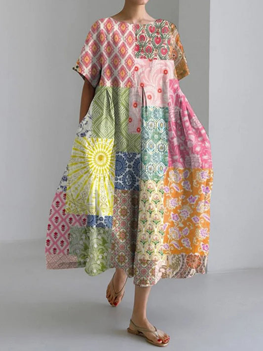 Women's Japanese Art Print Loose Midi Dresses