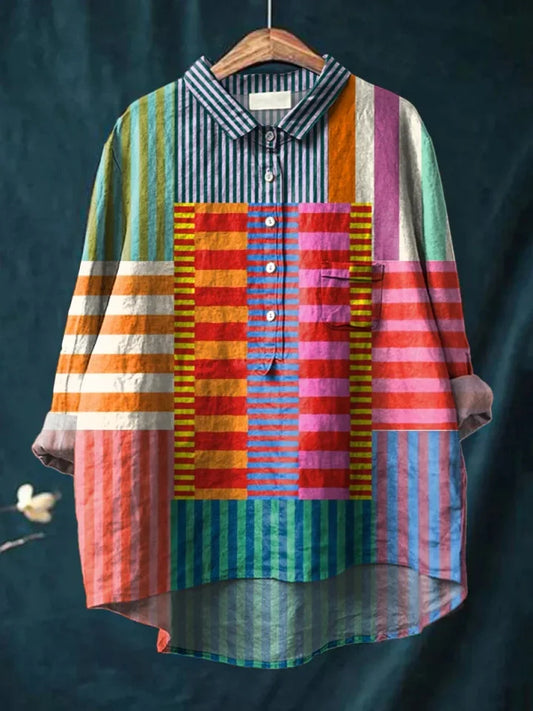 Women's Abstract Geometric Pattern Art Print Casual Cotton And Linen Shirt