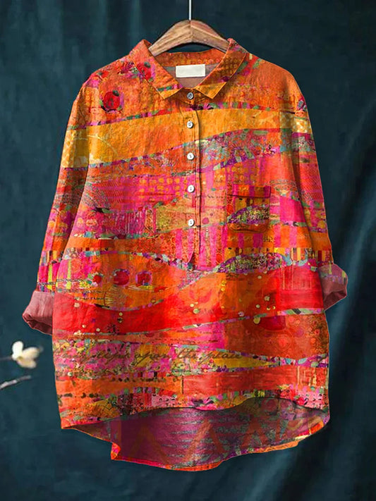 Women's Abstract Geometric Pattern Art Print Casual Cotton And Linen Shirt