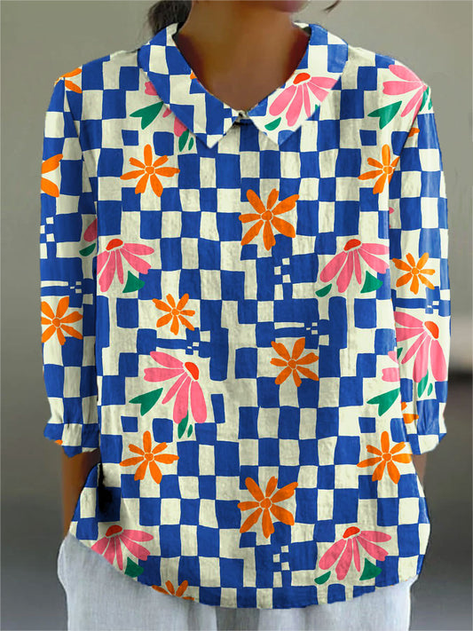 Women's Colorful Plaid Floral Art Print Casual Cotton And Linen 3/4 Sleeve Shirt