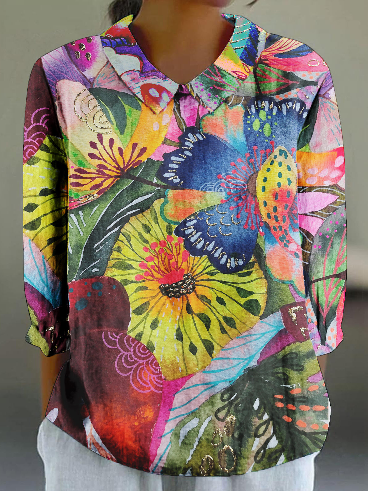 Women's Colorful Floral Art Print 3/4 Sleeve Shirt