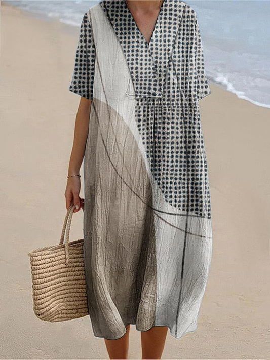 Women's Geometric Art Print Cotton Linen Short Sleeve Dress