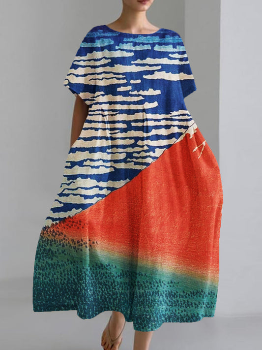 Women's Japanese Art Print Loose Casual Short Sleeve Dresses