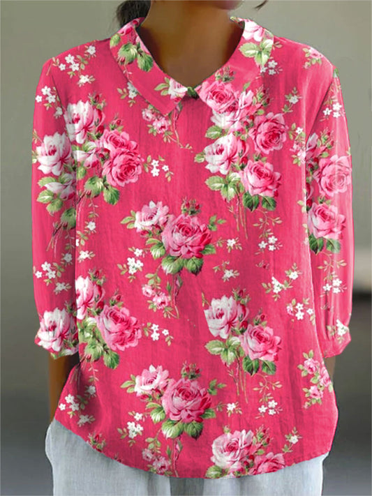 Women's Vintage Floral Art Print Casual Cotton And Linen 3/4 Sleeve Shirt