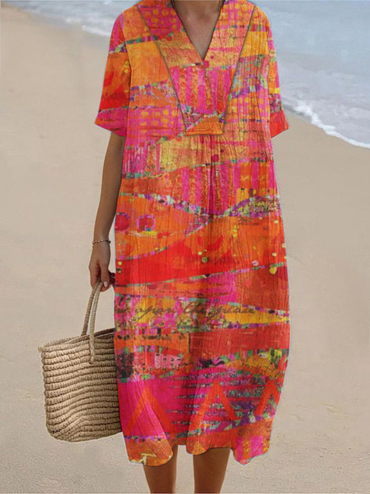 Women's Geometric Art Print Cotton Linen Short Sleeve Dress