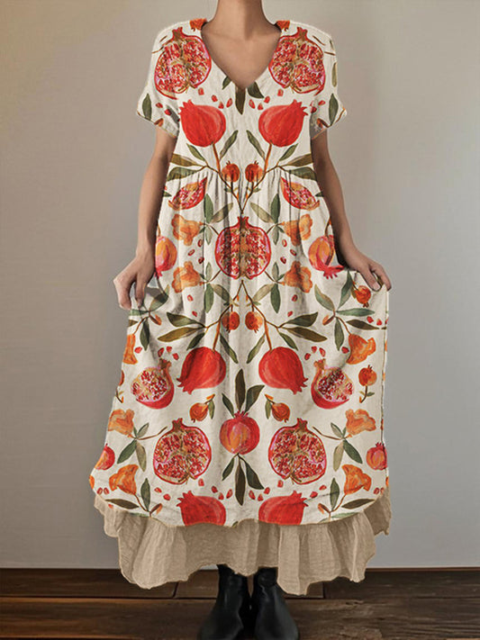 Women's Floral Art Print V-Neck Short Sleeve Cotton Linen Double Layer Dress